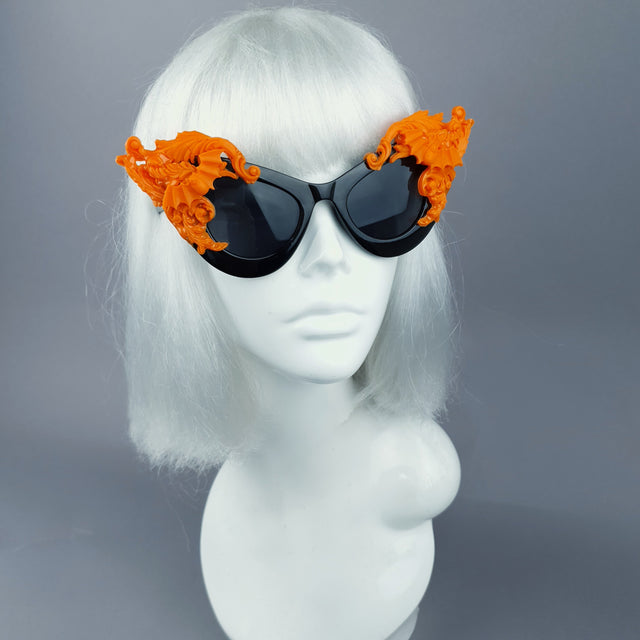 "Banshee" Ornate Orange Filigree & Bats on Black Sunglasses