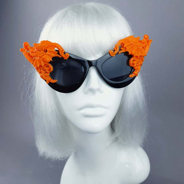 "Banshee" Ornate Orange Filigree & Bats on Black Sunglasses