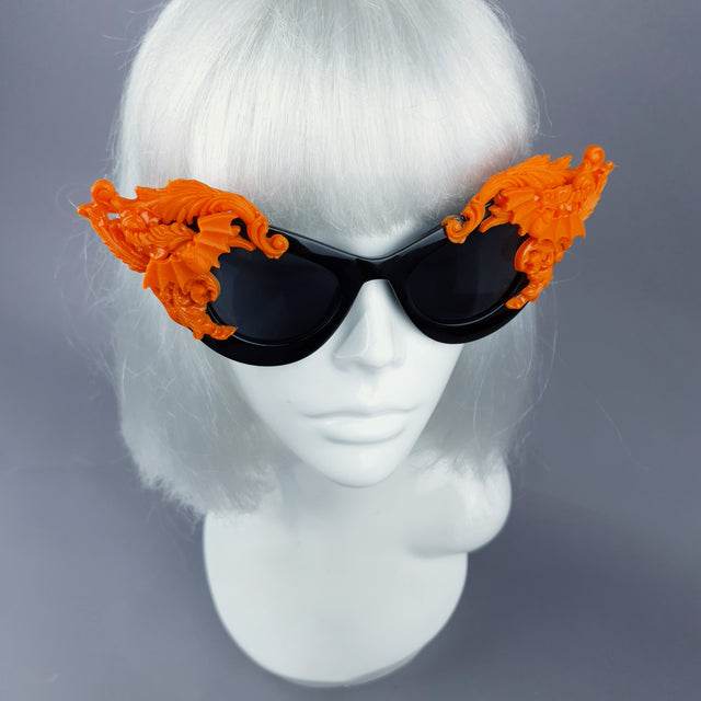 "Banshee" Ornate Orange Filigree & Bats on Black Sunglasses