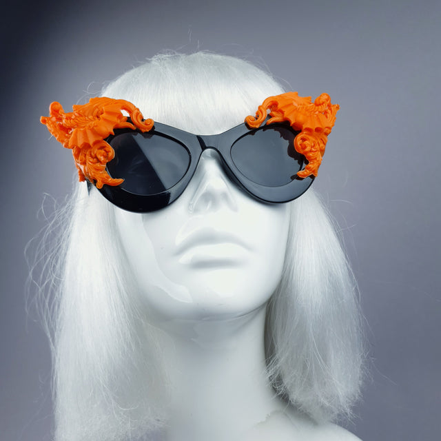 "Banshee" Ornate Orange Filigree & Bats on Black Sunglasses