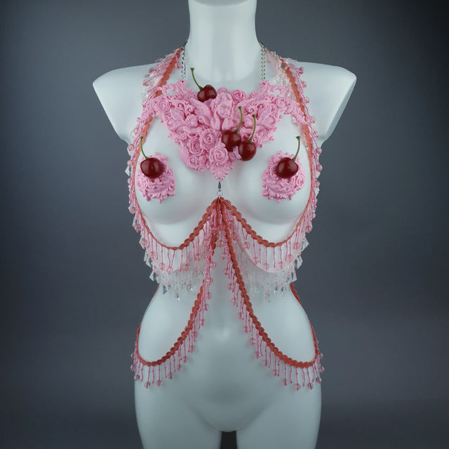 "Sukero" Pink Cherry Filigree & Beading Body Jewellery with Nipple Pasties