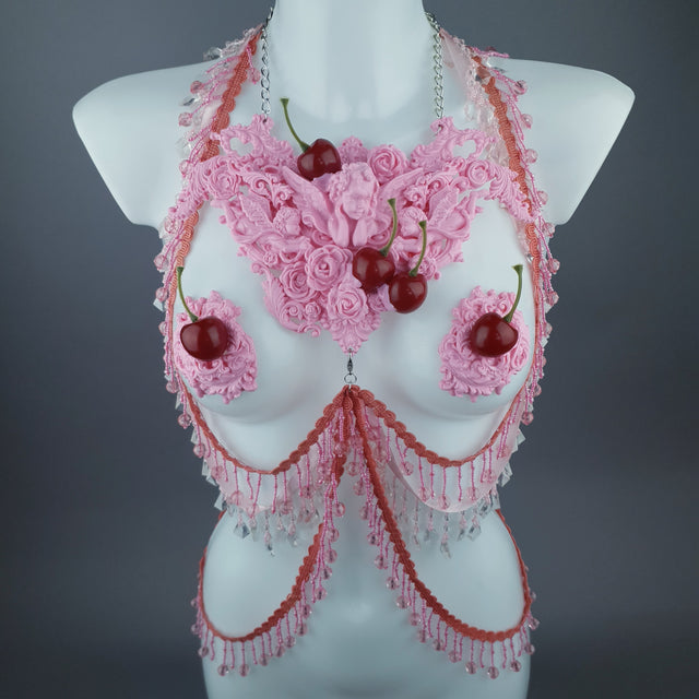 "Sukero" Pink Cherry Filigree & Beading Body Jewellery with Nipple Pasties