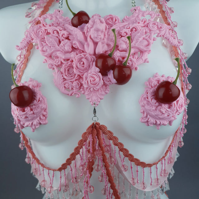 "Sukero" Pink Cherry Filigree & Beading Body Jewellery with Nipple Pasties