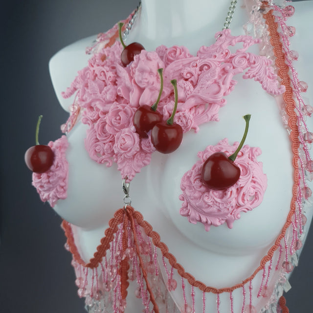 "Sukero" Pink Cherry Filigree & Beading Body Jewellery with Nipple Pasties