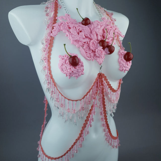 "Sukero" Pink Cherry Filigree & Beading Body Jewellery with Nipple Pasties