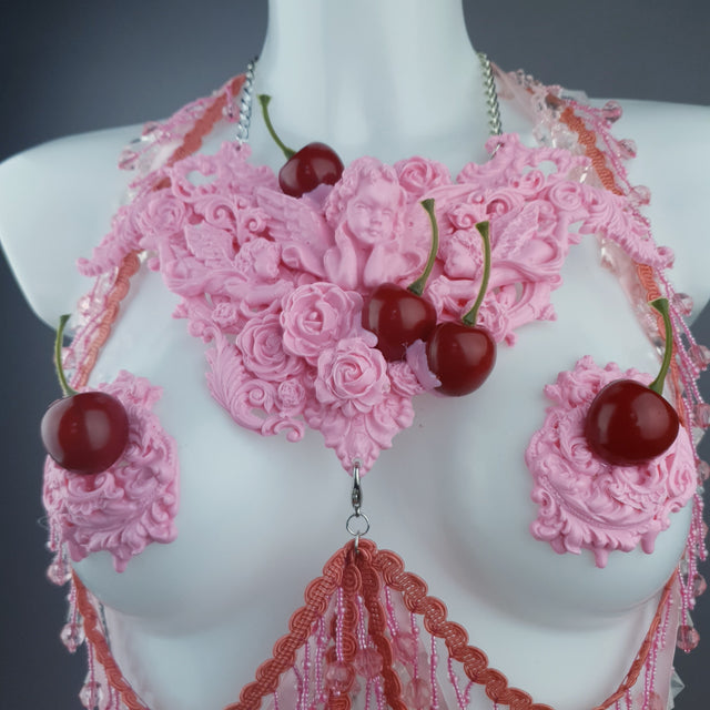 "Sukero" Pink Cherry Filigree & Beading Body Jewellery with Nipple Pasties