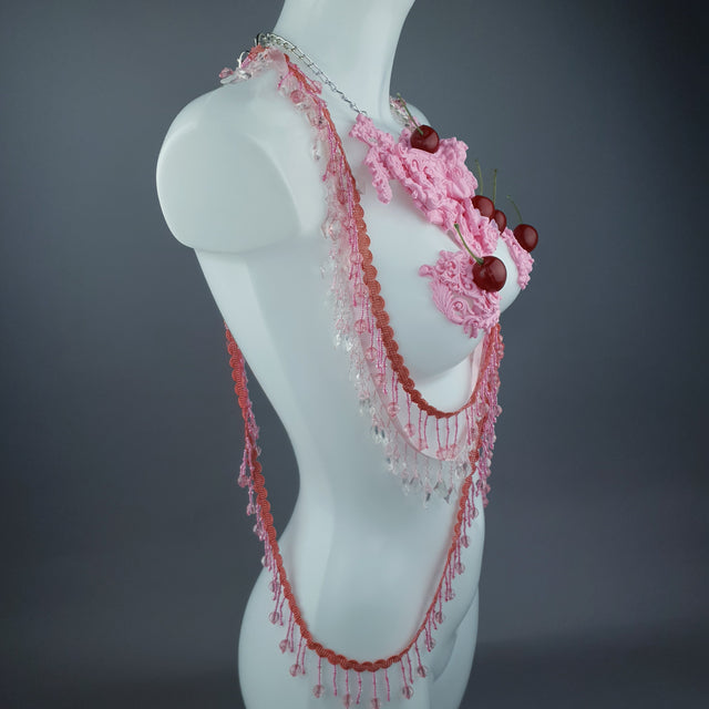"Sukero" Pink Cherry Filigree & Beading Body Jewellery with Nipple Pasties