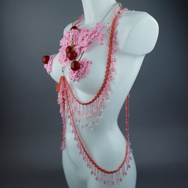 "Sukero" Pink Cherry Filigree & Beading Body Jewellery with Nipple Pasties