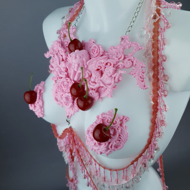 "Sukero" Pink Cherry Filigree & Beading Body Jewellery with Nipple Pasties
