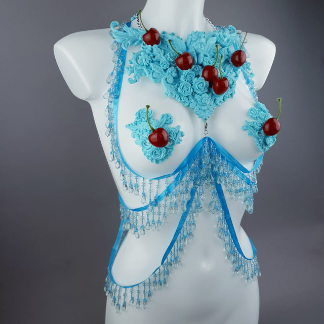 "Bobelo" Blue Cherry Filigree & Beading Body Jewellery with Nipple Pasties