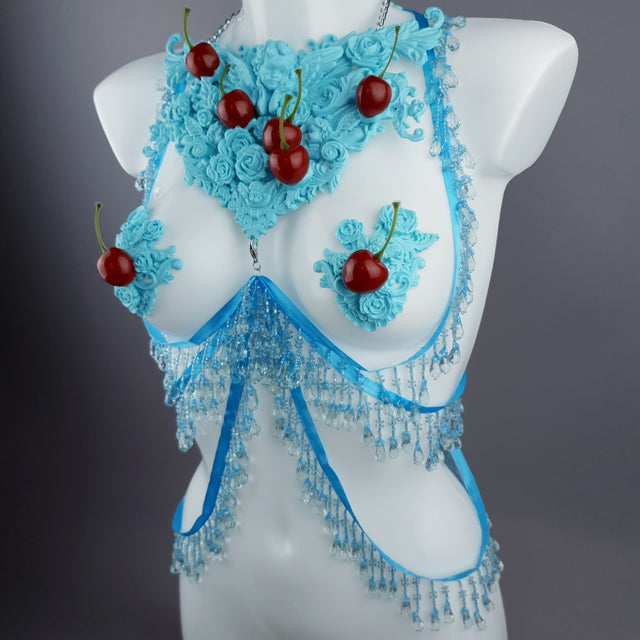 "Bobelo" Blue Cherry Filigree & Beading Body Jewellery with Nipple Pasties