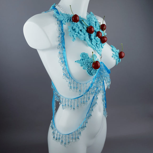 "Bobelo" Blue Cherry Filigree & Beading Body Jewellery with Nipple Pasties