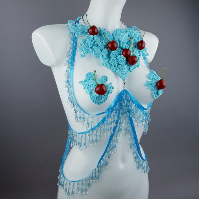 "Bobelo" Blue Cherry Filigree & Beading Body Jewellery with Nipple Pasties