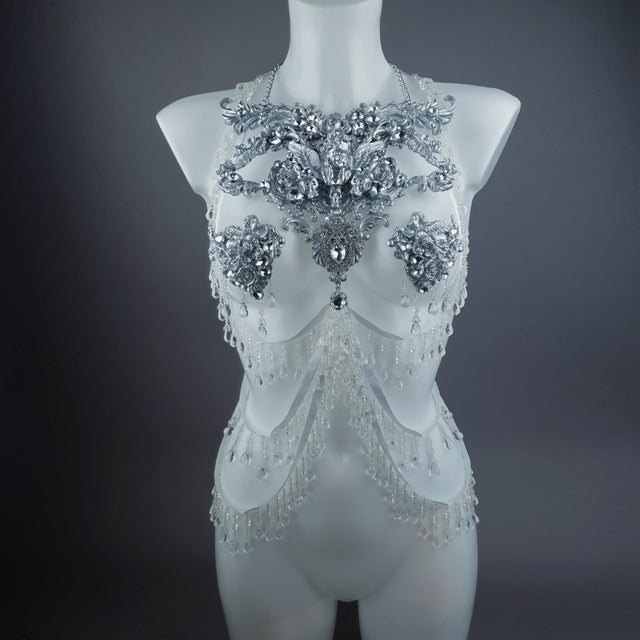 "Ice" Silver Filigree & Beading Body Jewellery with Nipple Pasties