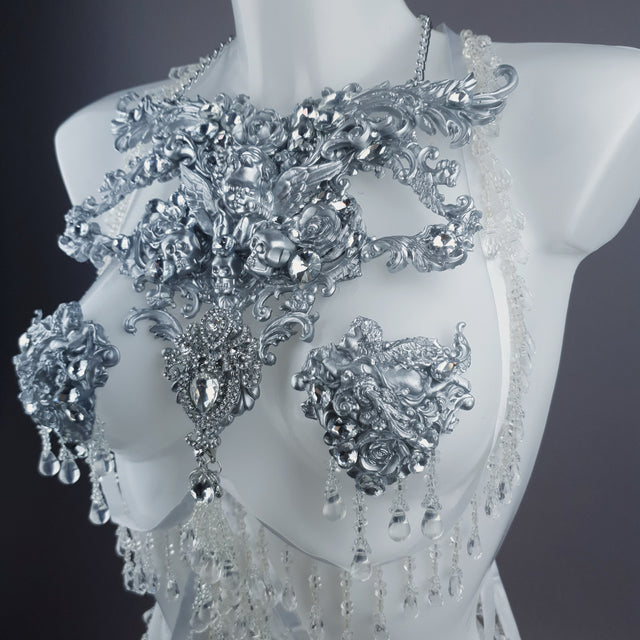 "Ice" Silver Filigree & Beading Body Jewellery with Nipple Pasties