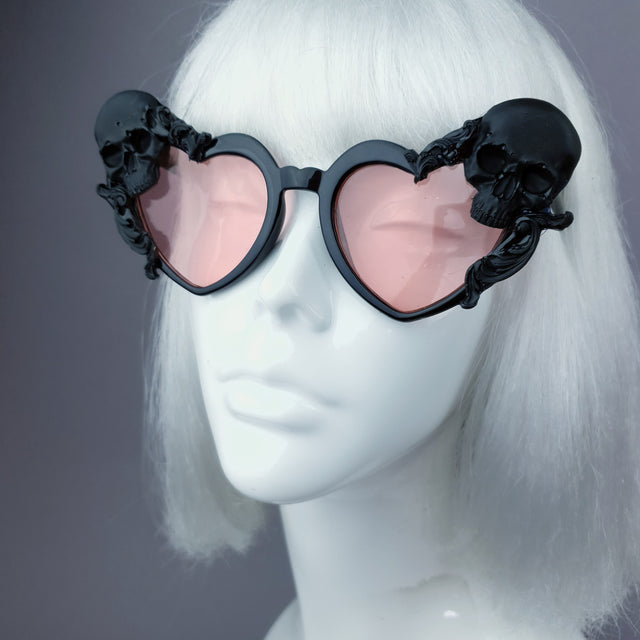 "Doom" Skull Heart Shaped Sunglasses - Black with Pink Lenses