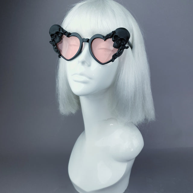 "Doom" Skull Heart Shaped Sunglasses - Black with Pink Lenses