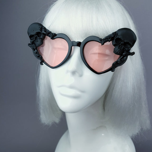"Doom" Skull Heart Shaped Sunglasses - Black with Pink Lenses