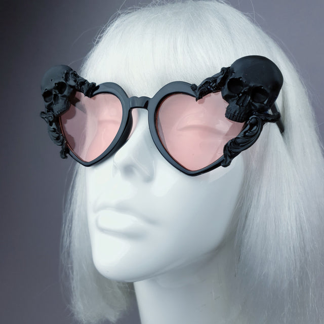 "Doom" Skull Heart Shaped Sunglasses - Black with Pink Lenses