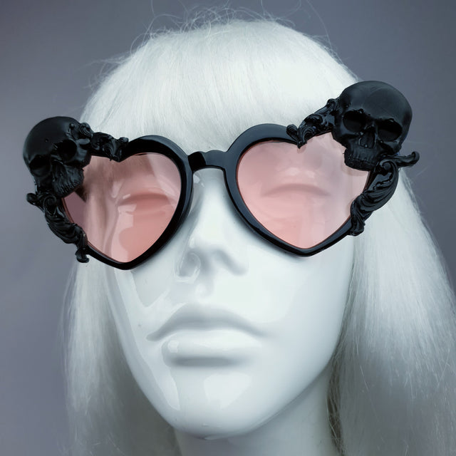 "Doom" Skull Heart Shaped Sunglasses - Black with Pink Lenses