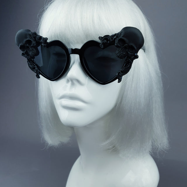 Pearls & Swine Black Skull Heart Shaped Sunglasses "Doom"