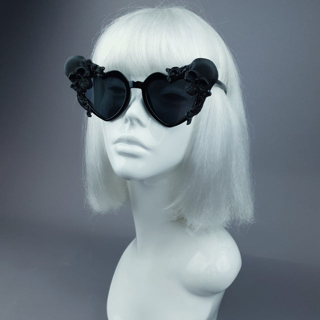 Pearls & Swine Black Skull Heart Shaped Sunglasses "Doom"