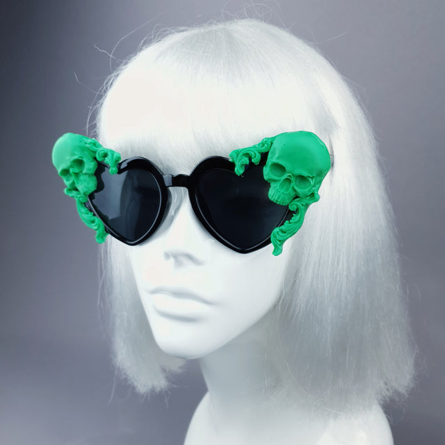 "Doom" Green Skull Black Heart Shaped Sunglasses