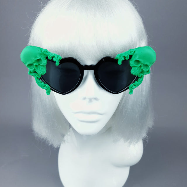 "Doom" Green Skull Black Heart Shaped Sunglasses