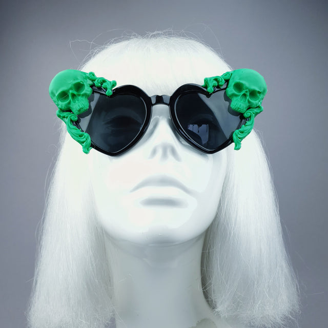 "Doom" Green Skull Black Heart Shaped Sunglasses