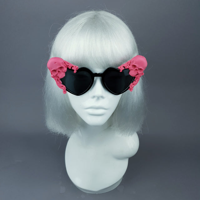 "Doom" Pink Skull Black Heart Shaped Sunglasses