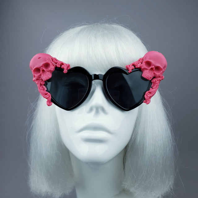 "Doom" Pink Skull Black Heart Shaped Sunglasses