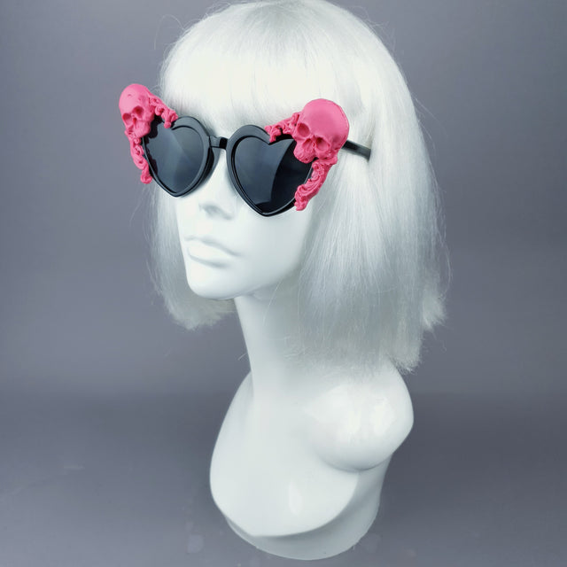 "Doom" Pink Skull Black Heart Shaped Sunglasses