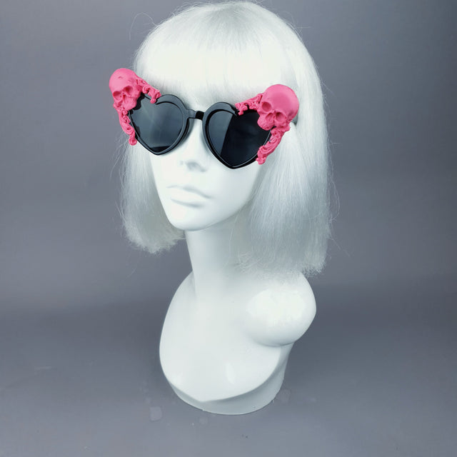 "Doom" Pink Skull Black Heart Shaped Sunglasses