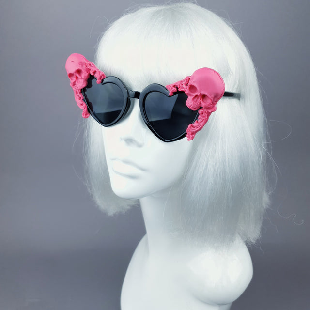 "Doom" Pink Skull Black Heart Shaped Sunglasses