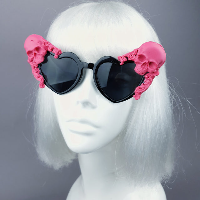 "Doom" Pink Skull Black Heart Shaped Sunglasses