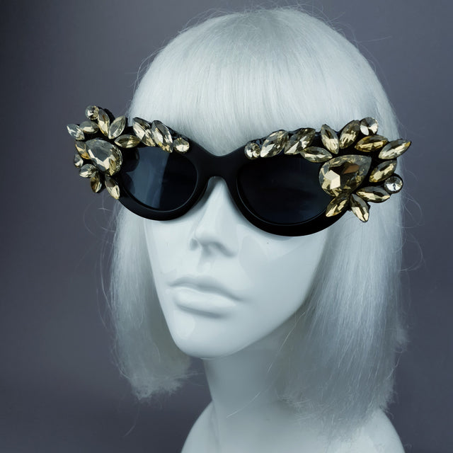 "Diamanda" Gold Diamante Jewel Cats Eye Sunglasses