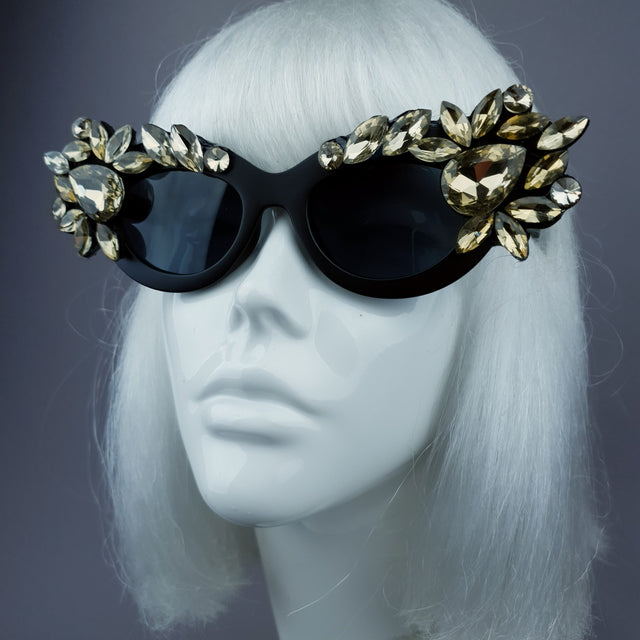 "Diamanda" Gold Diamante Jewel Cats Eye Sunglasses
