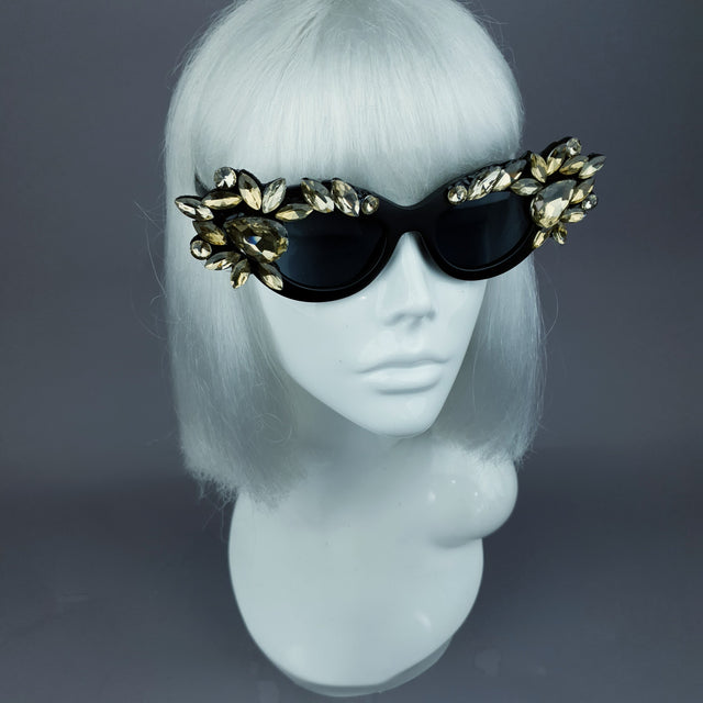 "Diamanda" Gold Diamante Jewel Cats Eye Sunglasses