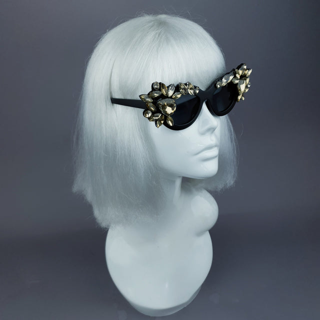 "Diamanda" Gold Diamante Jewel Cats Eye Sunglasses