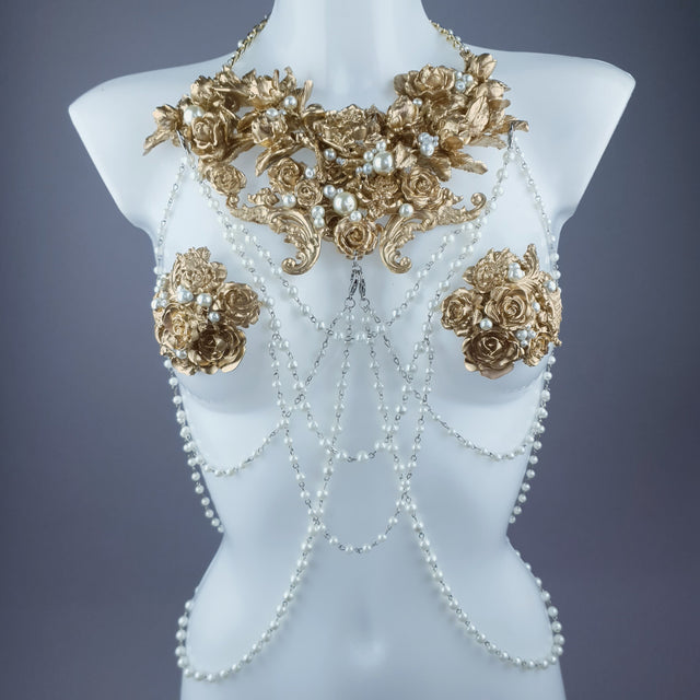 "Alchemy" Gold Rose & Pearl Harness Body Jewellery & Pasties.