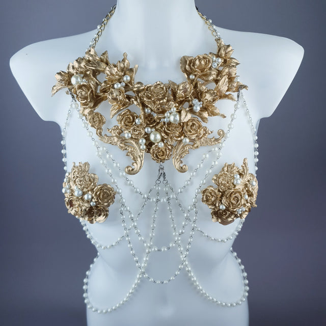 "Alchemy" Gold Rose & Pearl Harness Body Jewellery & Pasties.
