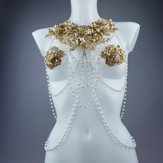 "Alchemy" Gold Rose & Pearl Harness Body Jewellery & Pasties.
