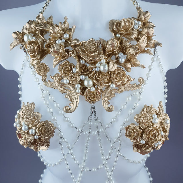 "Alchemy" Gold Rose & Pearl Harness Body Jewellery & Pasties.