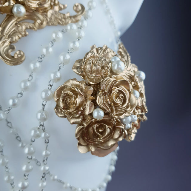 "Alchemy" Gold Rose & Pearl Harness Body Jewellery & Pasties.