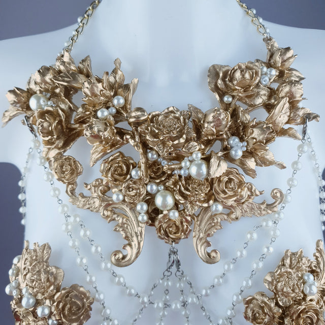 "Alchemy" Gold Rose & Pearl Harness Body Jewellery & Pasties.