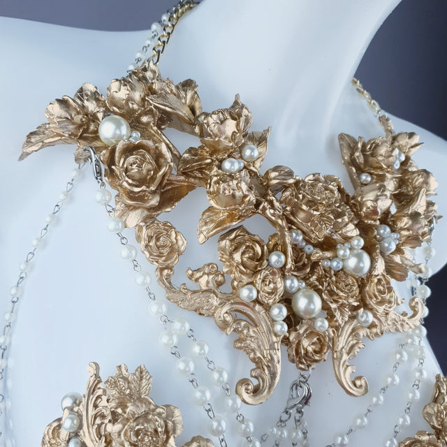 "Alchemy" Gold Rose & Pearl Harness Body Jewellery & Pasties.