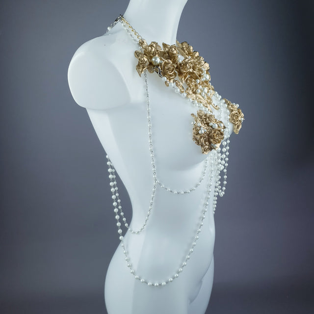 "Alchemy" Gold Rose & Pearl Harness Body Jewellery & Pasties.