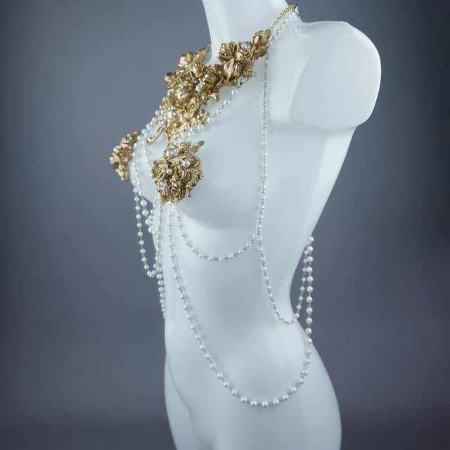 "Alchemy" Gold Rose & Pearl Harness Body Jewellery & Pasties.