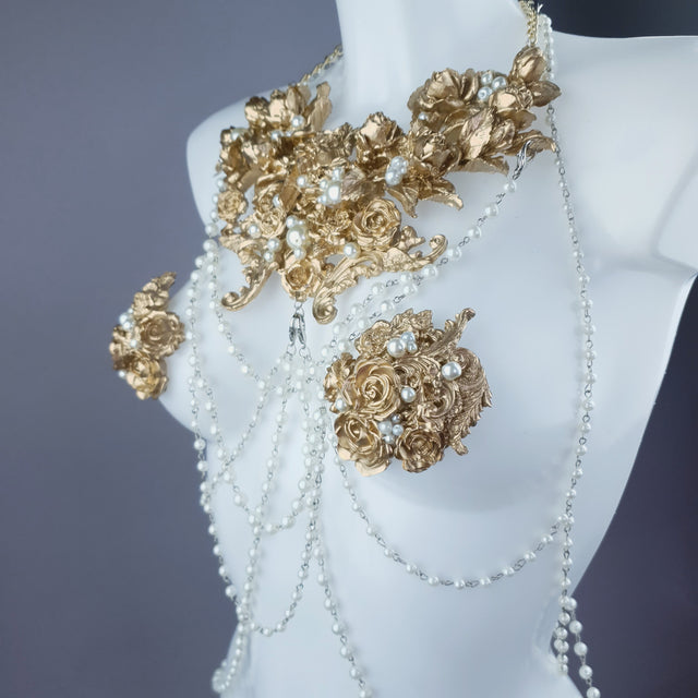 "Alchemy" Gold Rose & Pearl Harness Body Jewellery & Pasties.
