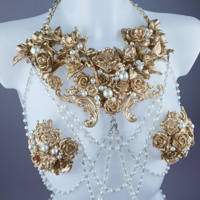 "Alchemy" Gold Rose & Pearl Harness Body Jewellery & Pasties.